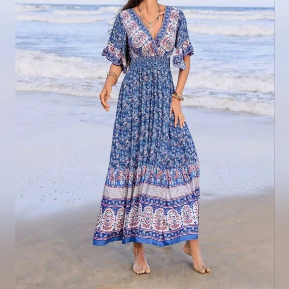 New Flowy Floral Wrap Top Ruffle Sleeve Long Dress Blue - Picture 5 of 8